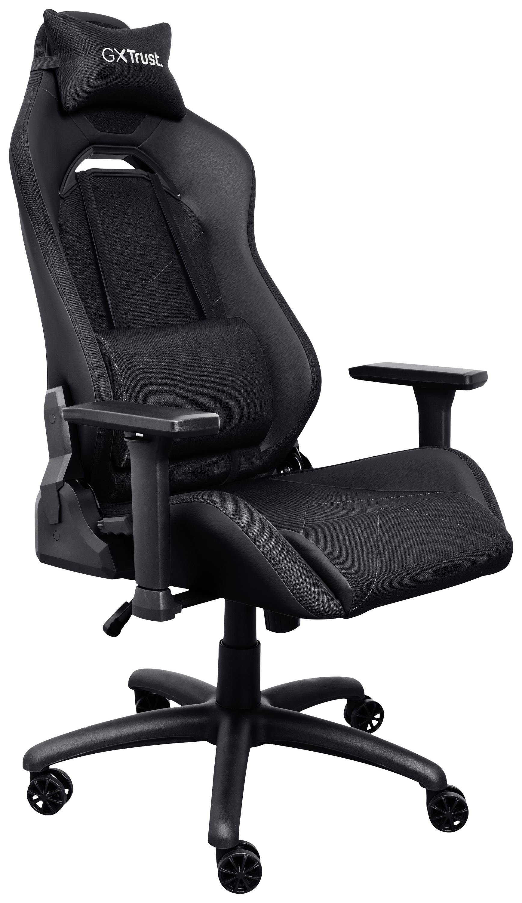 Una sedia da gaming nera con braccioli regolabili in altezza e schienale imbottito, adatta per sedute lunghe e confortevoli.