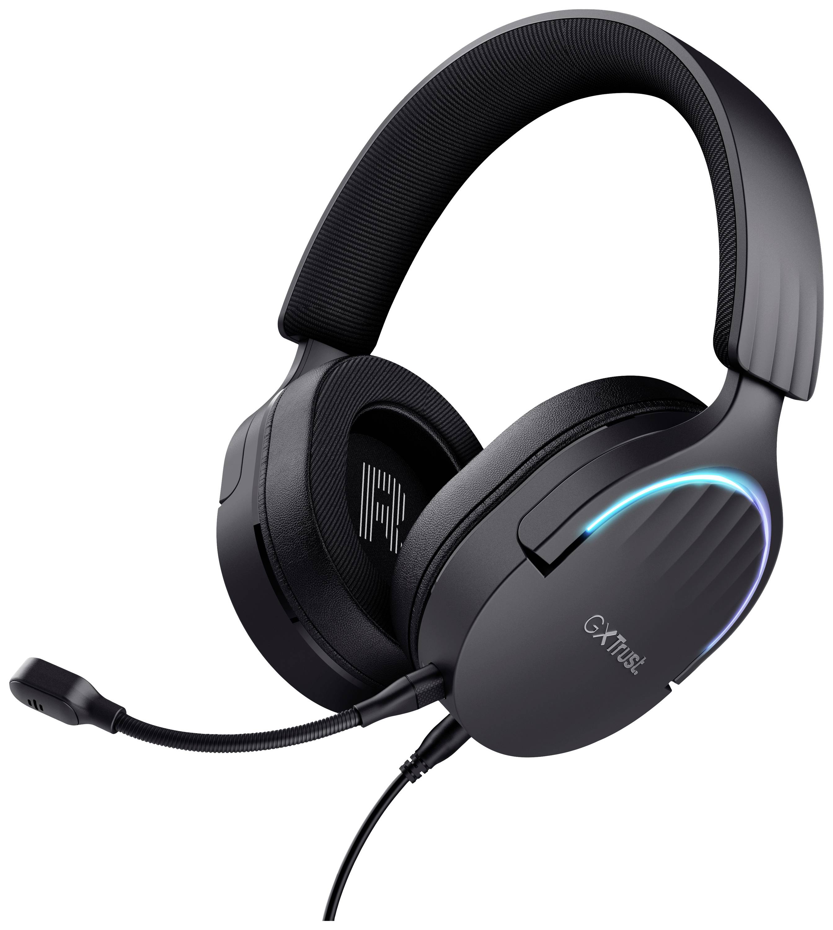 Un headset da gaming nero con microfono e luci LED blu sui padiglioni auricolari, adatto per videogiochi su computer.