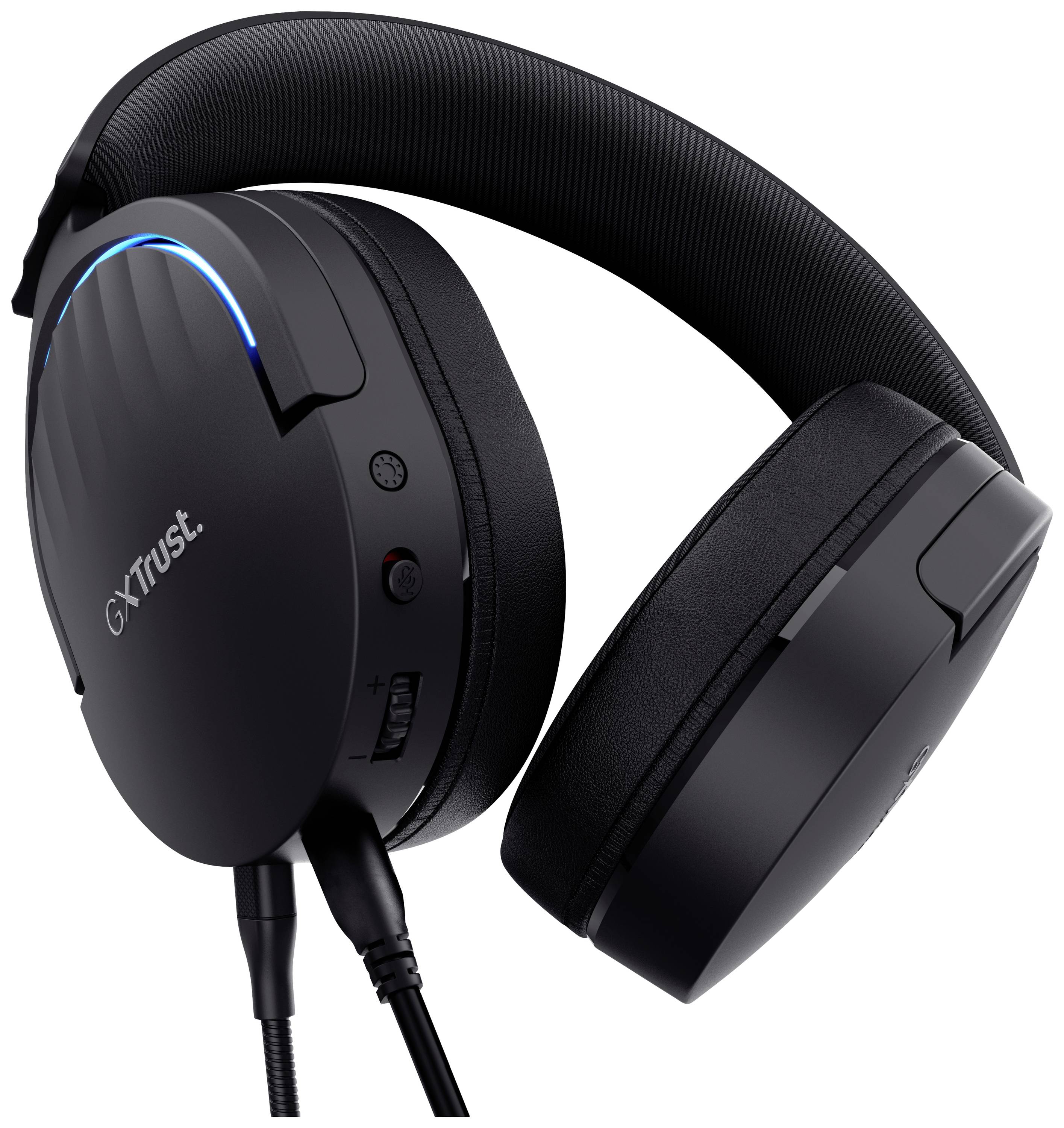Cuffie da gaming nere Trust GXT con padiglioni imbottiti e illuminazione LED.