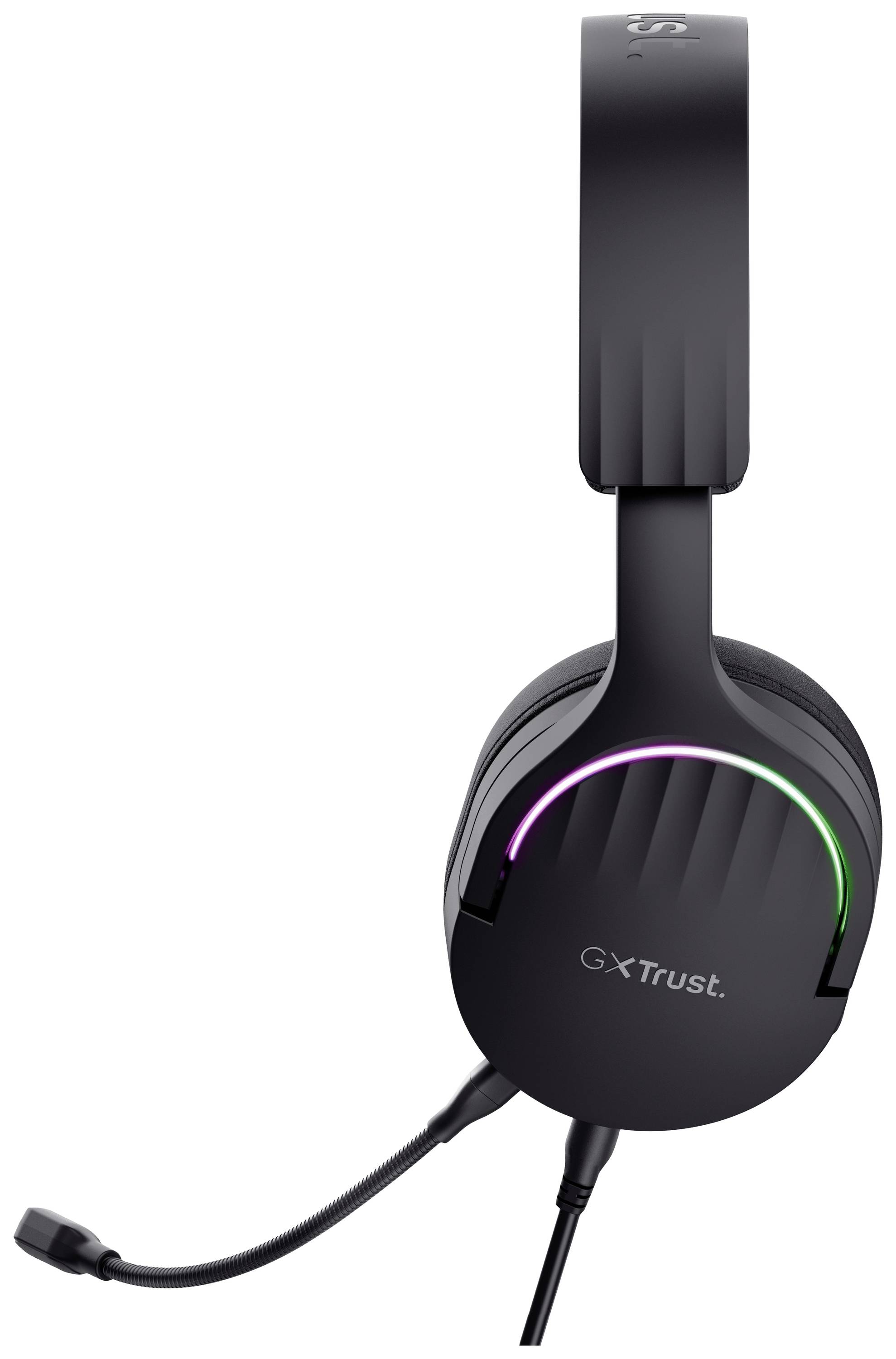 Cuffie da gaming nere con microfono, che illuminano multicolori sul bordo del padiglione auricolare e riportano la scritta 'GX Trust'.