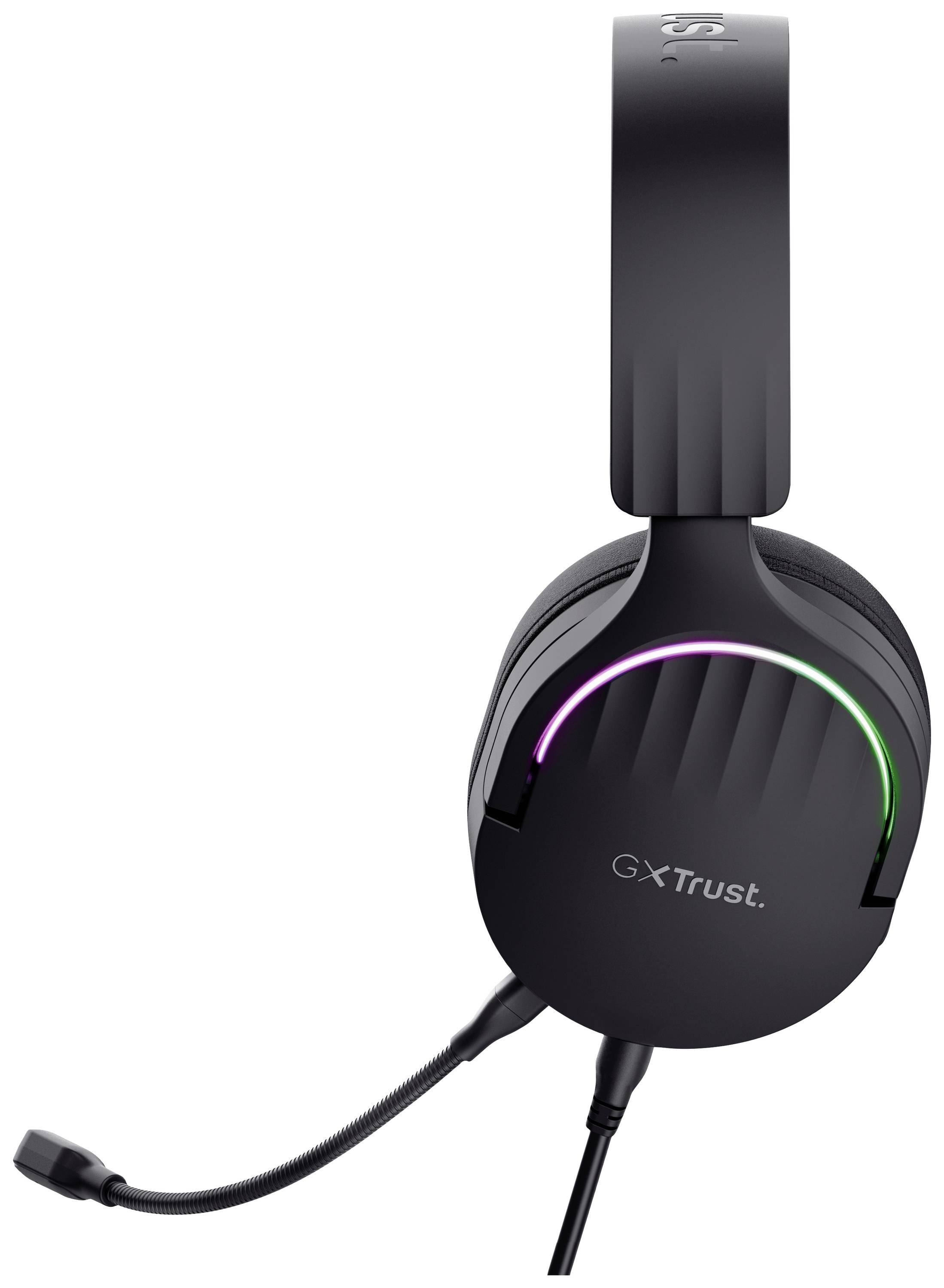 Cuffie da gaming nere con microfono e illuminazione RGB sui padiglioni. Il nome del marchio 'Trust' è visibile sul padiglione auricolare.