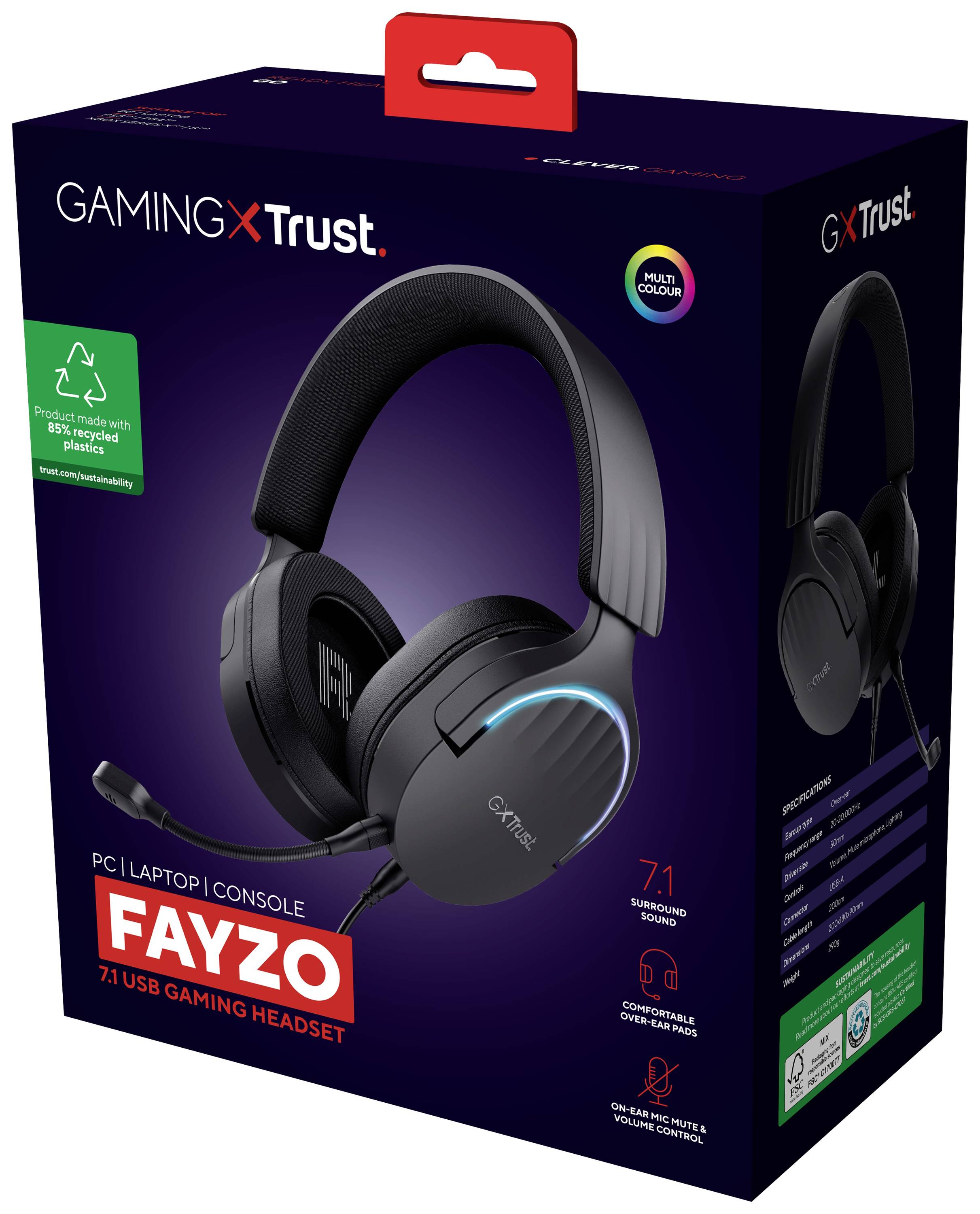 Confezione di un headset gaming 'Trust Fayzo', mostra immagine del prodotto, audio surround 7.1, connessione USB, compatibile con PC, laptop e console.