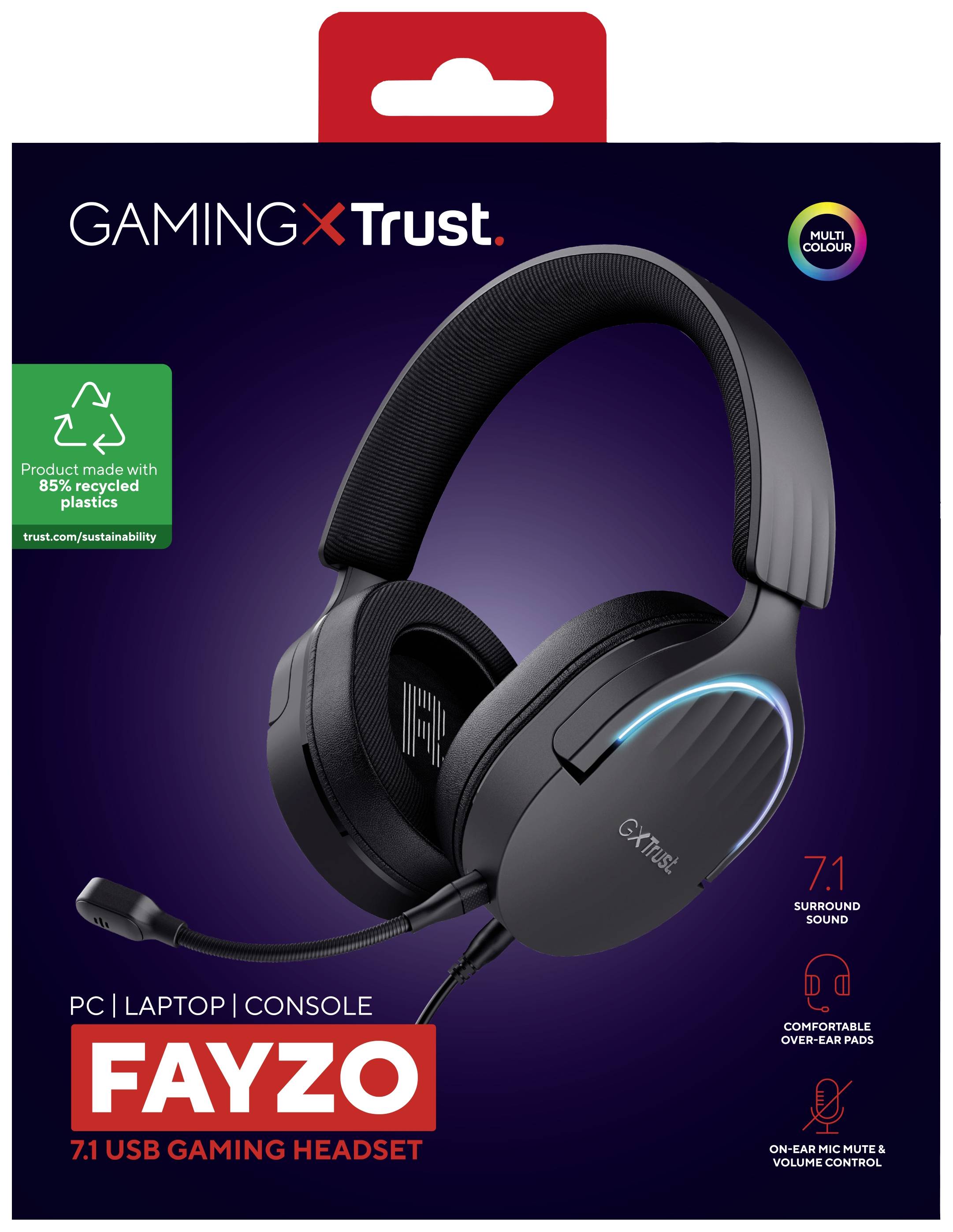 Confezione della cuffia gaming 'Fayzo' di Trust con connessione USB. Adatta per PC, laptop e console. Caratteristiche: audio surround 7.1, comfort, controllo del volume.