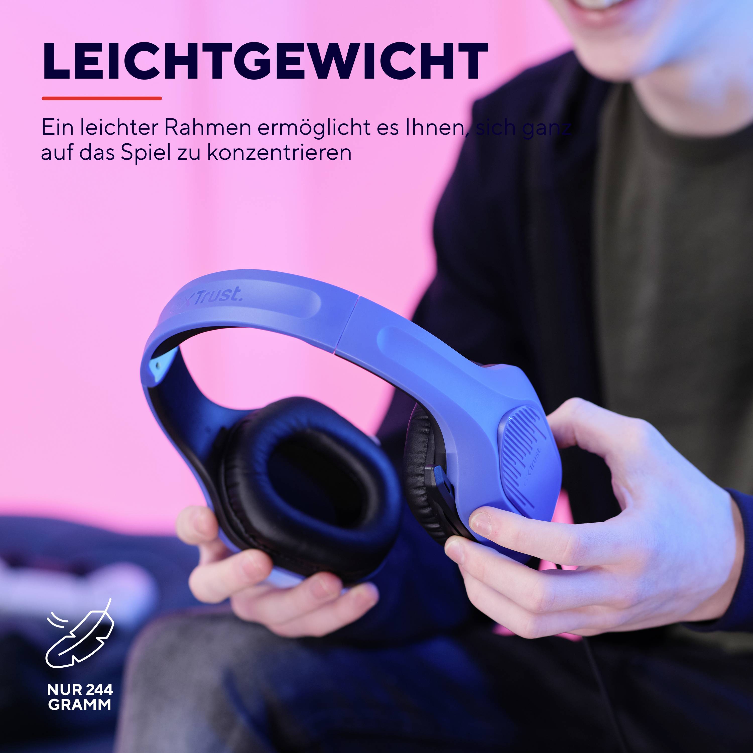 Cuffie leggere. Testo: 'LEGGEREZZA Un telaio leggero vi permette di concentrarvi completamente sul gioco. Solo 244 grammi'.