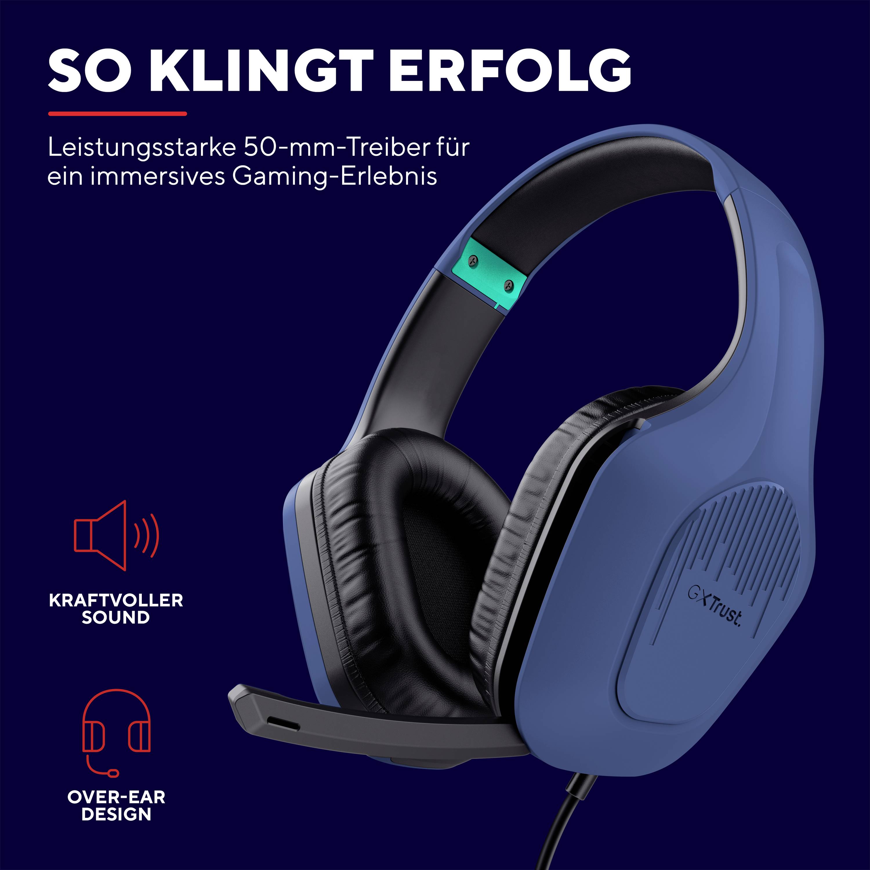 Un headset da gaming blu con microfono e suono potente. Il testo: "Così suona il successo" trasmette un'esperienza di gioco immersiva.
