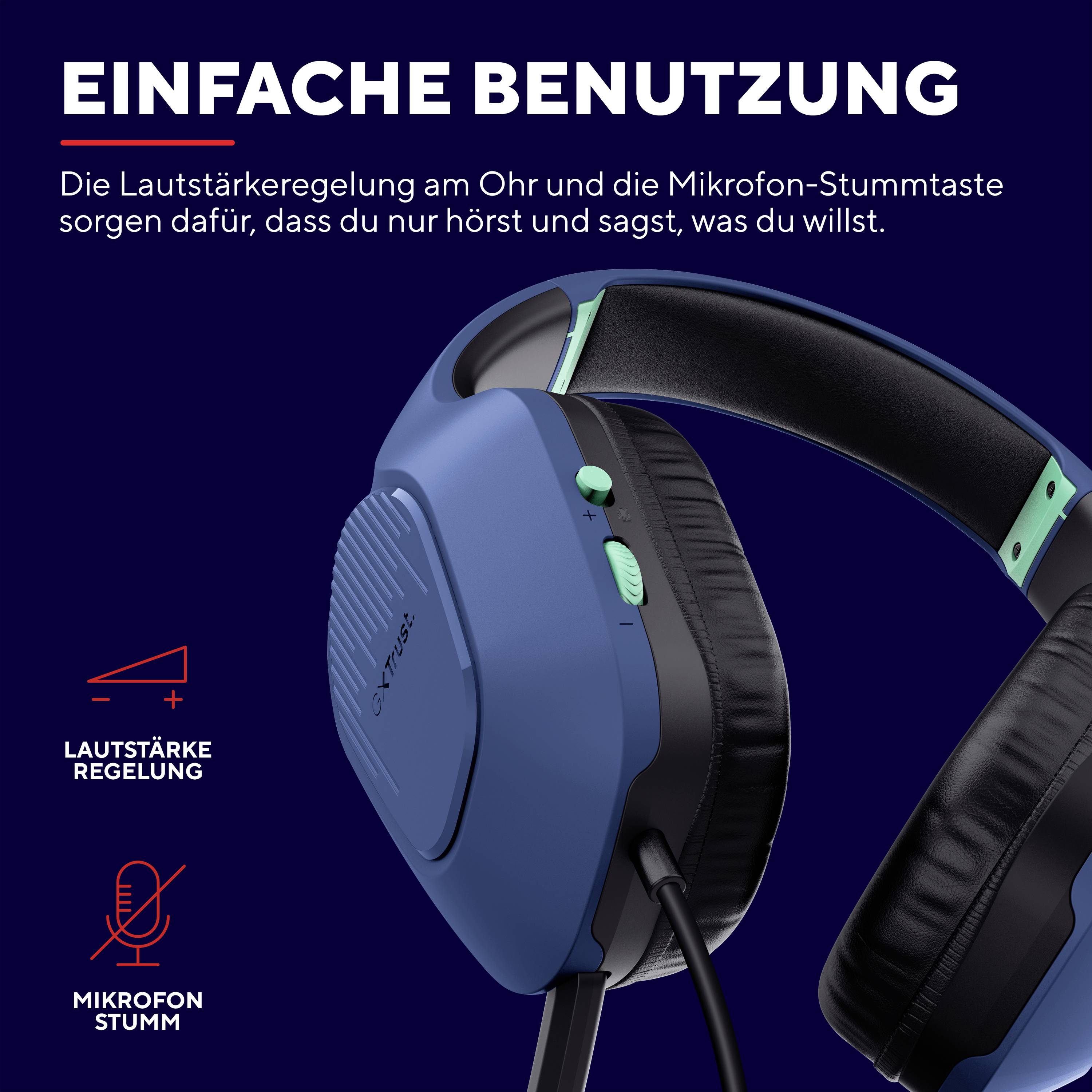 Cuffie wireless con controllo del volume sull'orecchio e funzione di disattivazione del microfono, descritte come facili da usare.