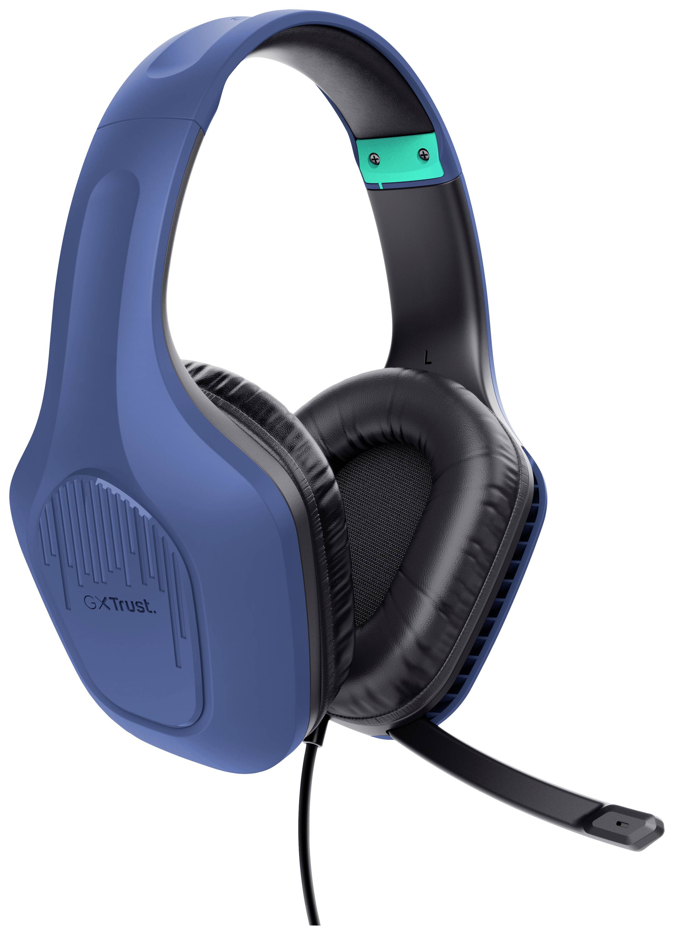 Un headset gaming blu con microfono. Design comodo con padiglioni auricolari imbottiti. Adatto per videogiochi su PC e comunicazione.