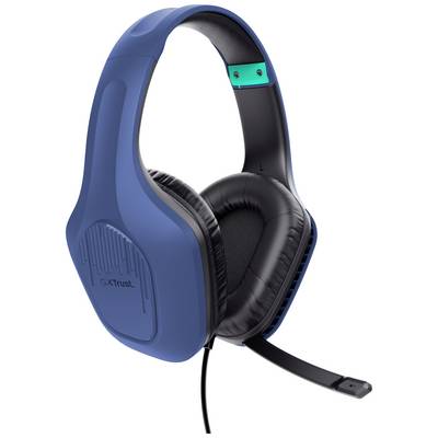 Un headset gaming blu con microfono. Design comodo con padiglioni auricolari imbottiti. Adatto per videogiochi su PC e comunicazione.