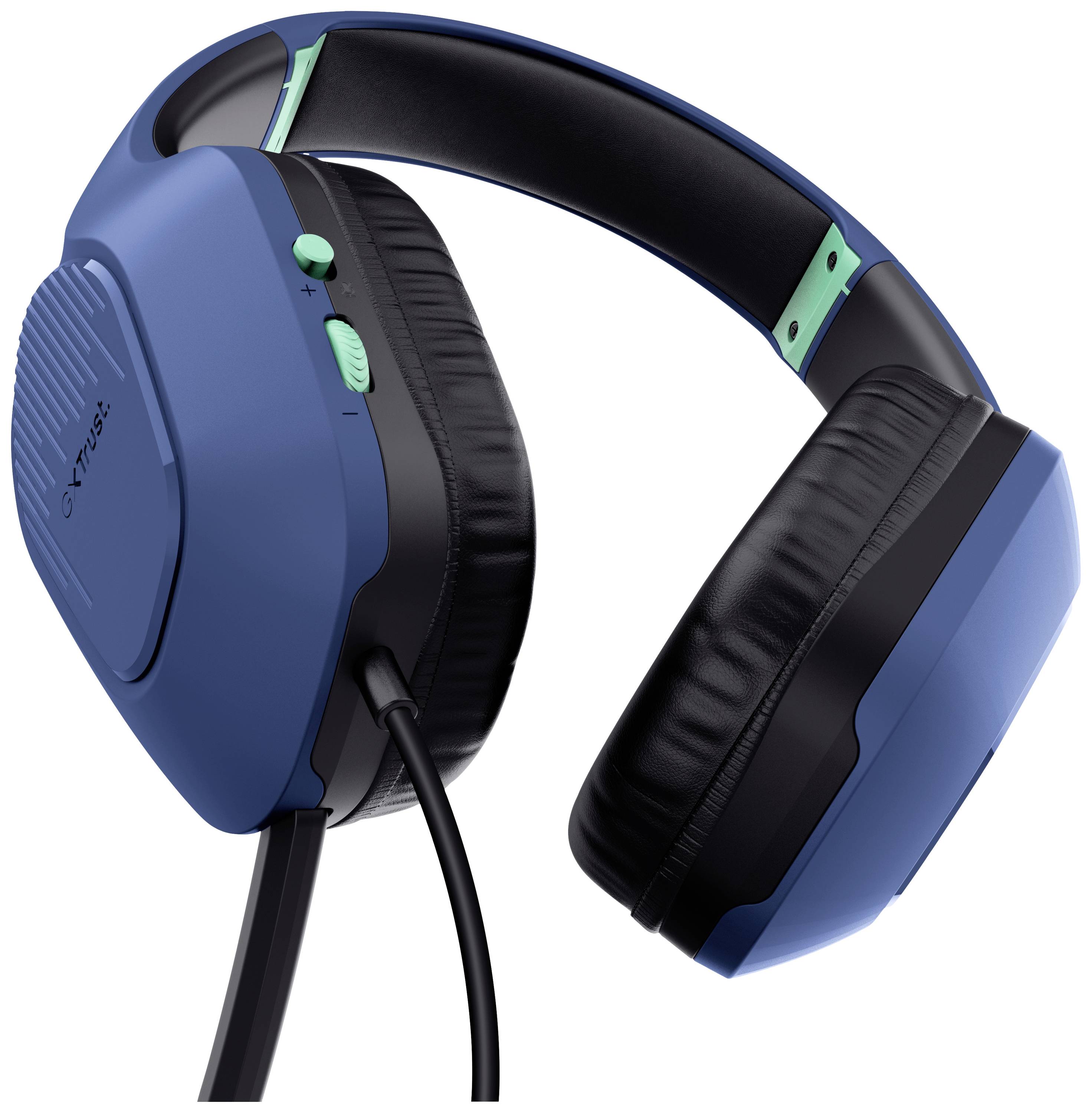 Cuffie cablate blu con imbottitura, controllo del volume e archetto interno verde. Adatte per musica e gaming.