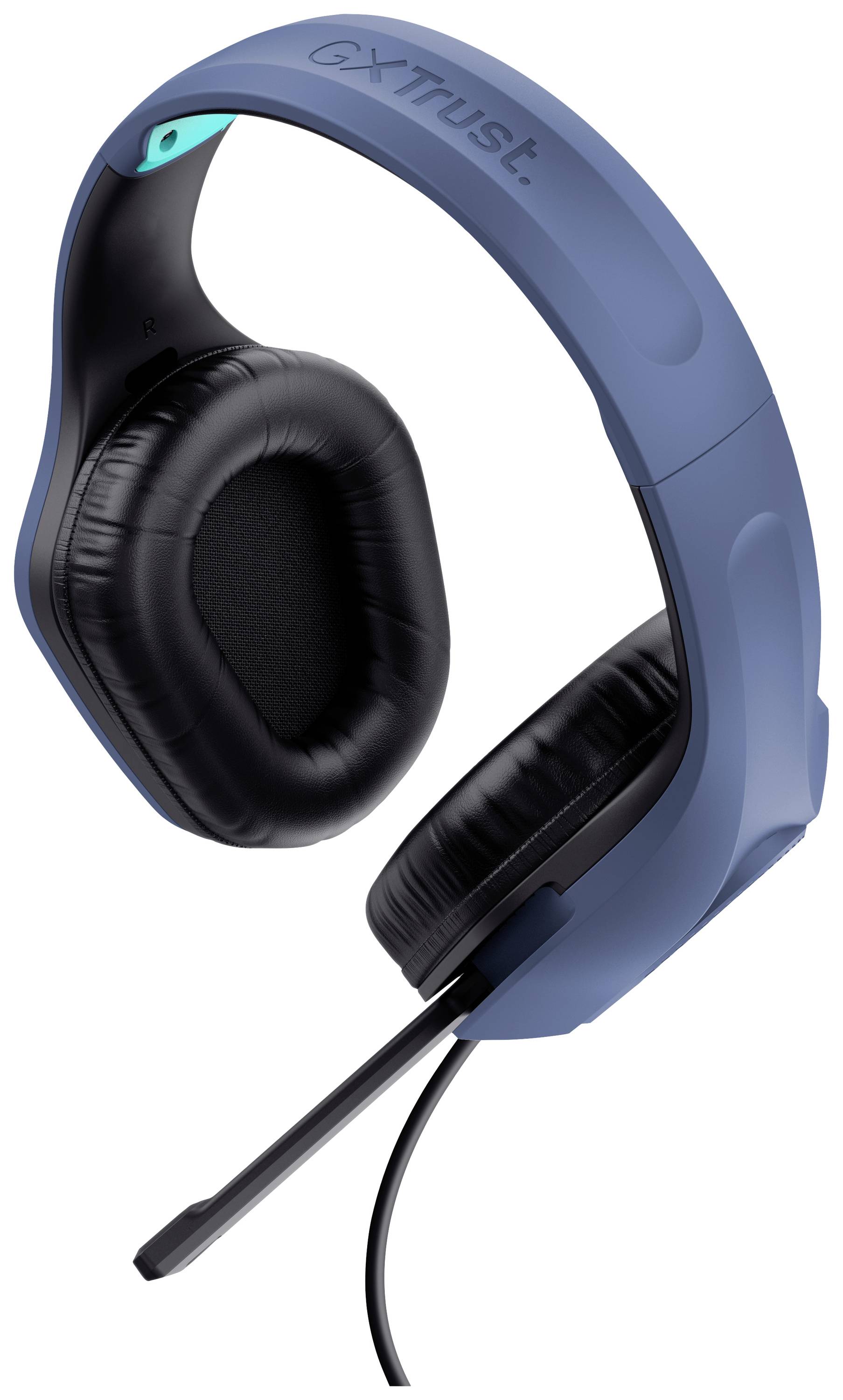 Un headset da gaming blu con microfono e imbottitura nera. Reca la scritta 'GXTrust'.