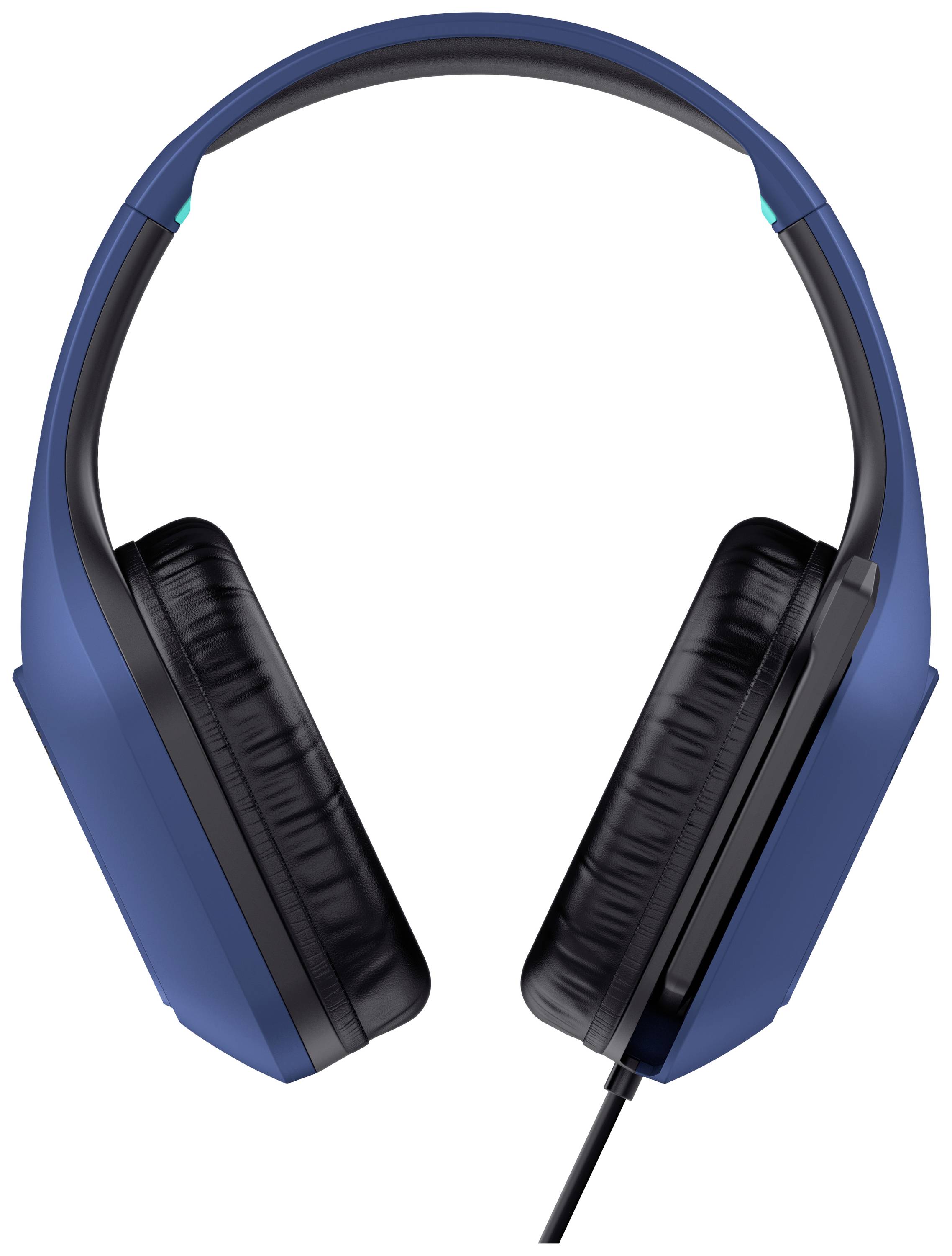 Cuffie over-ear blu con cavo, visibili in posizione verticale. Design ergonomico con padiglioni auricolari imbottiti.