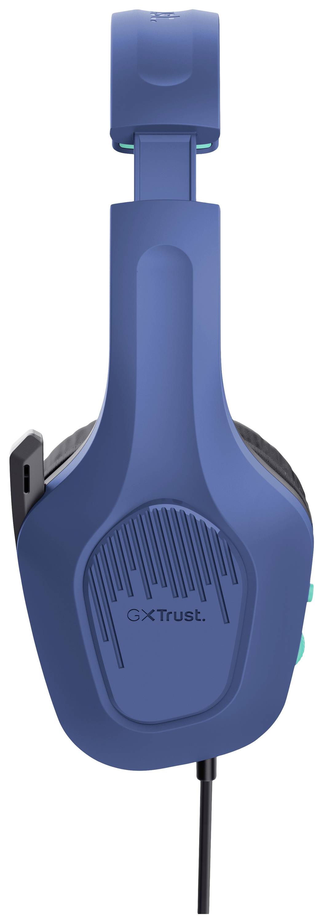 Cuffie Blauer GXT-Trust con cavo, vista laterale. Padiglione auricolare destro con logo aziendale visibile.