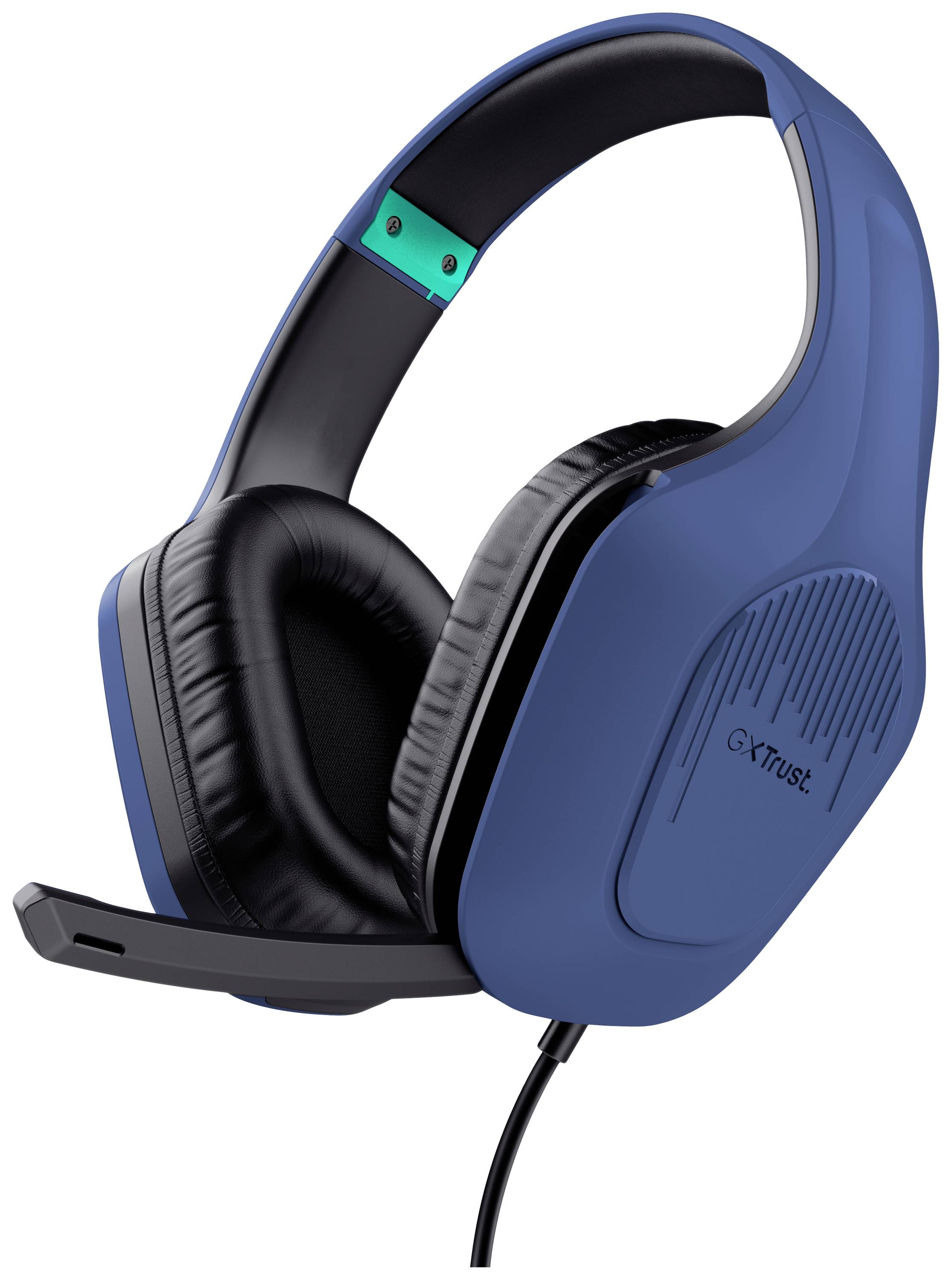 Cuffie da gaming blu con padiglioni auricolari neri e braccio del microfono sul lato sinistro. Marca: Trust. Adatte per PC e console.