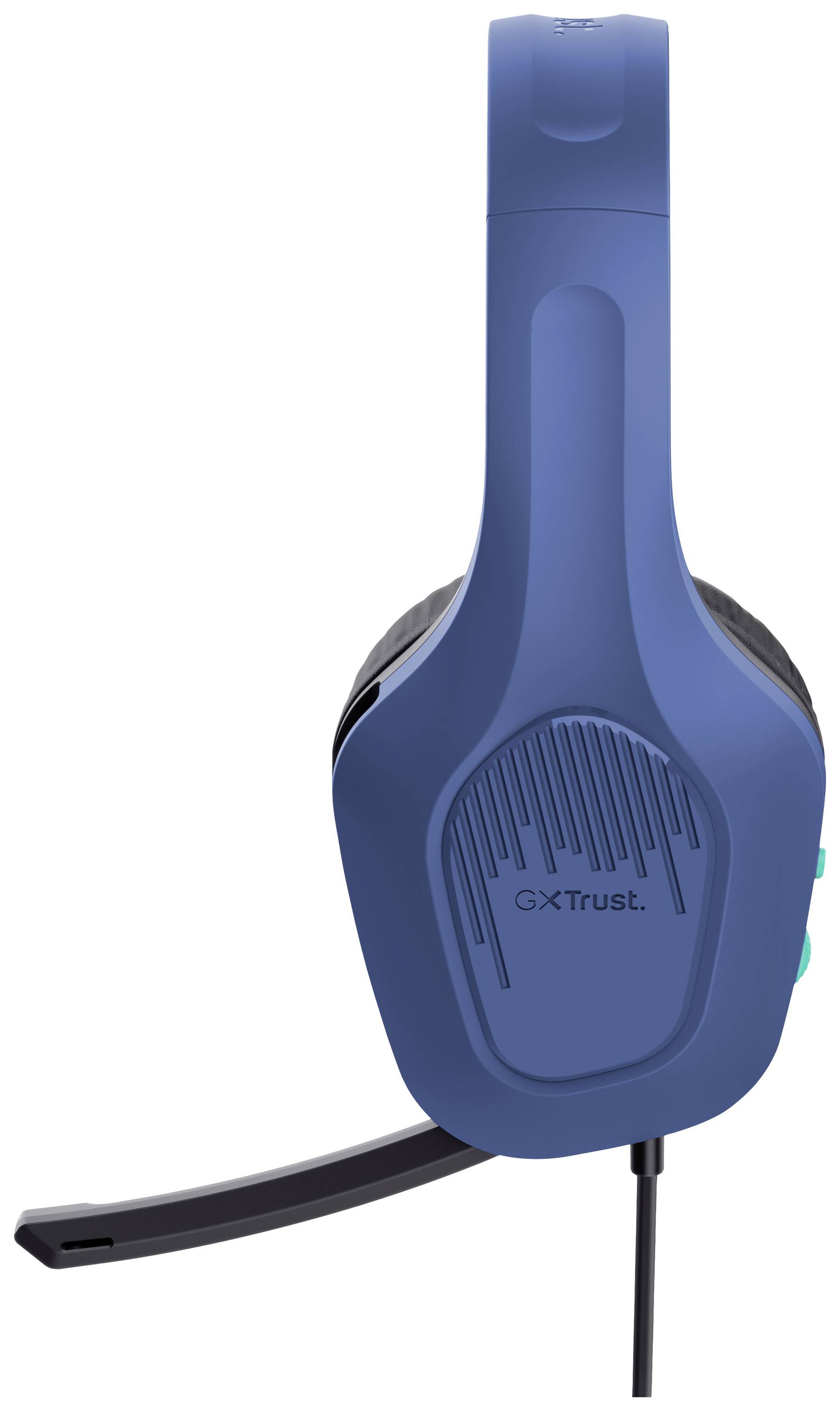 Cuffie da gaming blu con braccio del microfono e cavo, vista laterale.