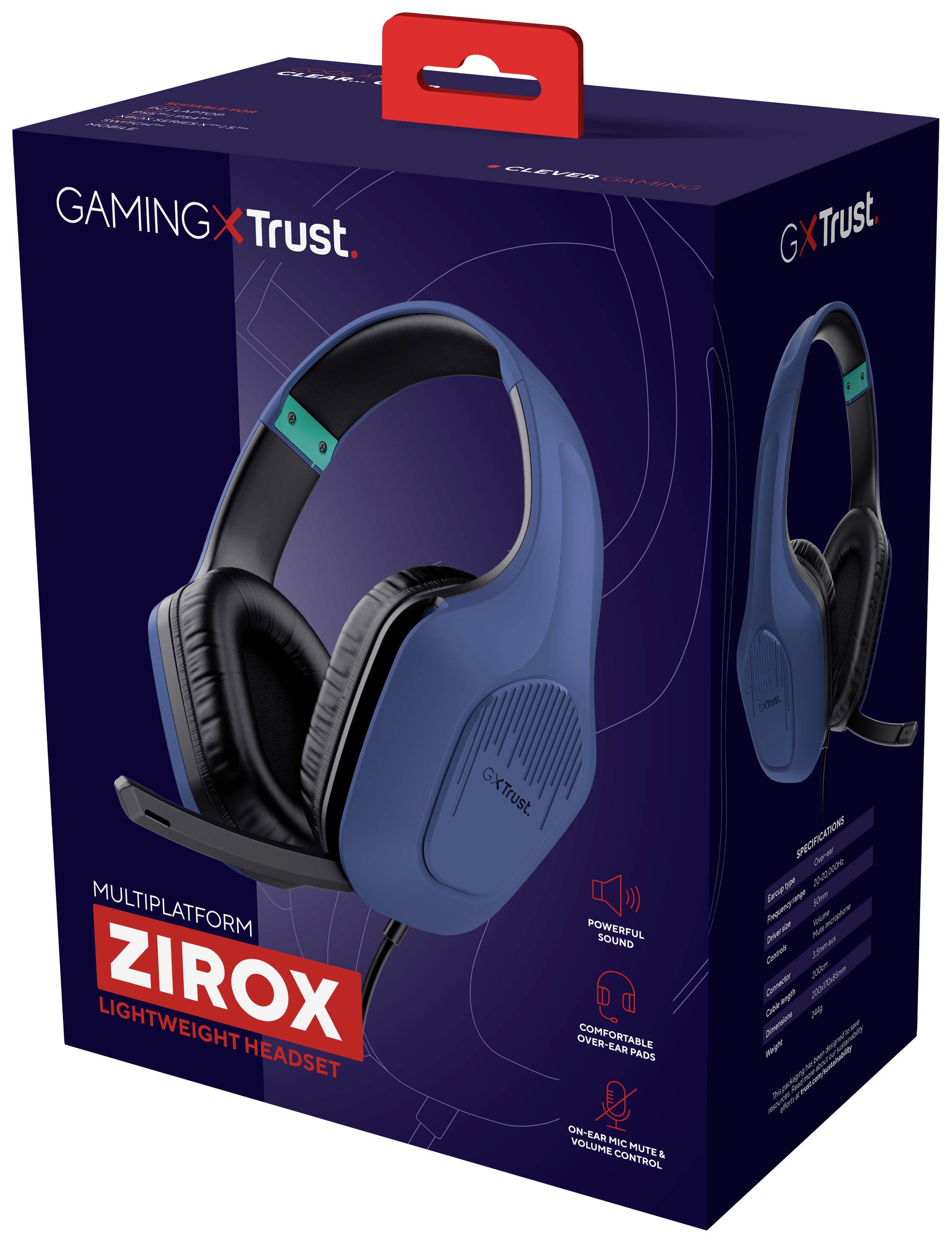 Una confezione di un headset da gaming blu del marchio Trust. Scritta: 'Zirox Lightweight Headset', con immagine del microfono.