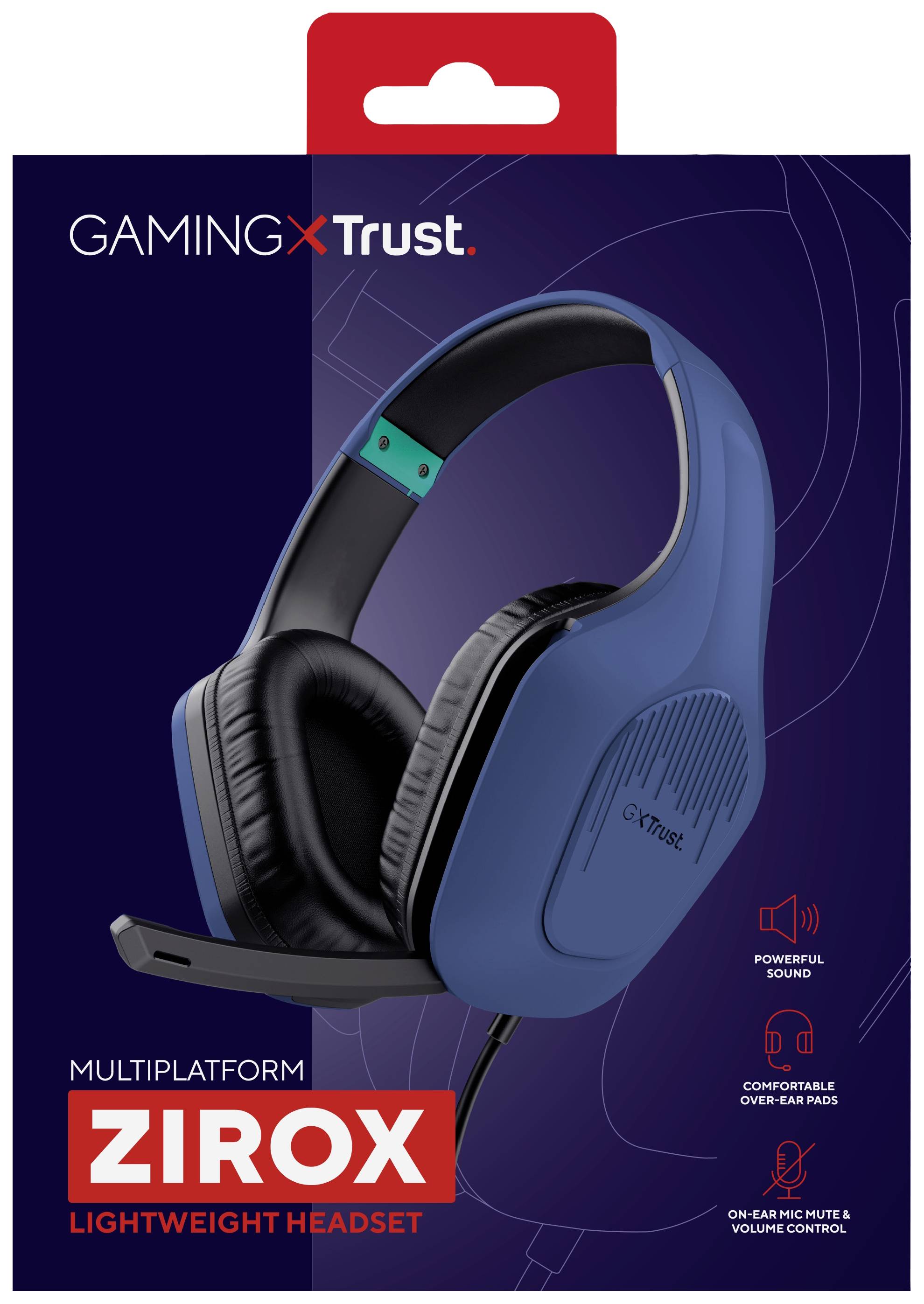 Confezione di cuffie da gaming Trust modello 'Zirox', in blu. Caratteristiche: audio potente, cuscinetti auricolari comodi, controllo muto on-ear e regolazione del volume.