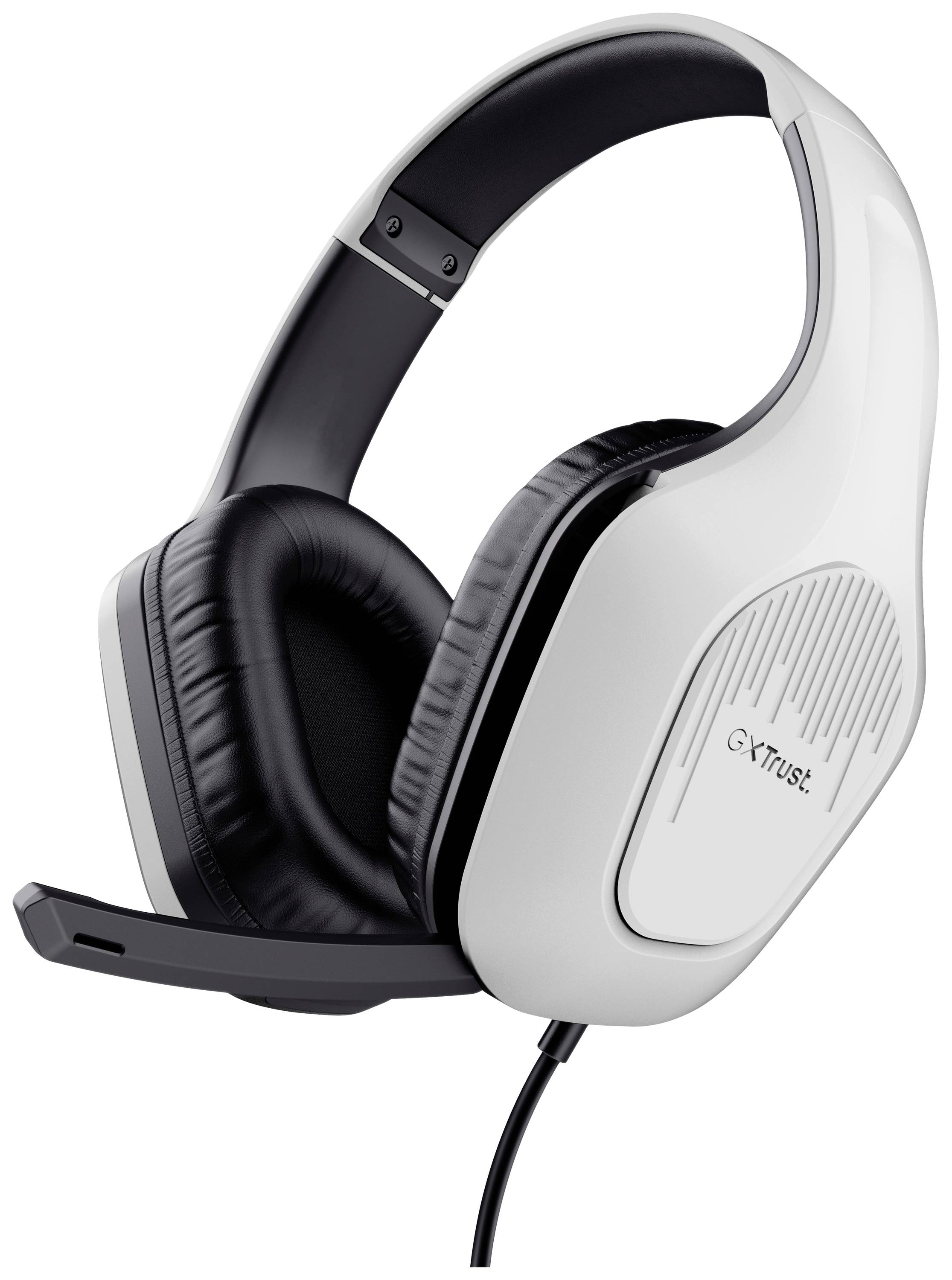 Un headset da gaming bianco con imbottitura nera e braccio del microfono, adatto per giochi su PC e console.