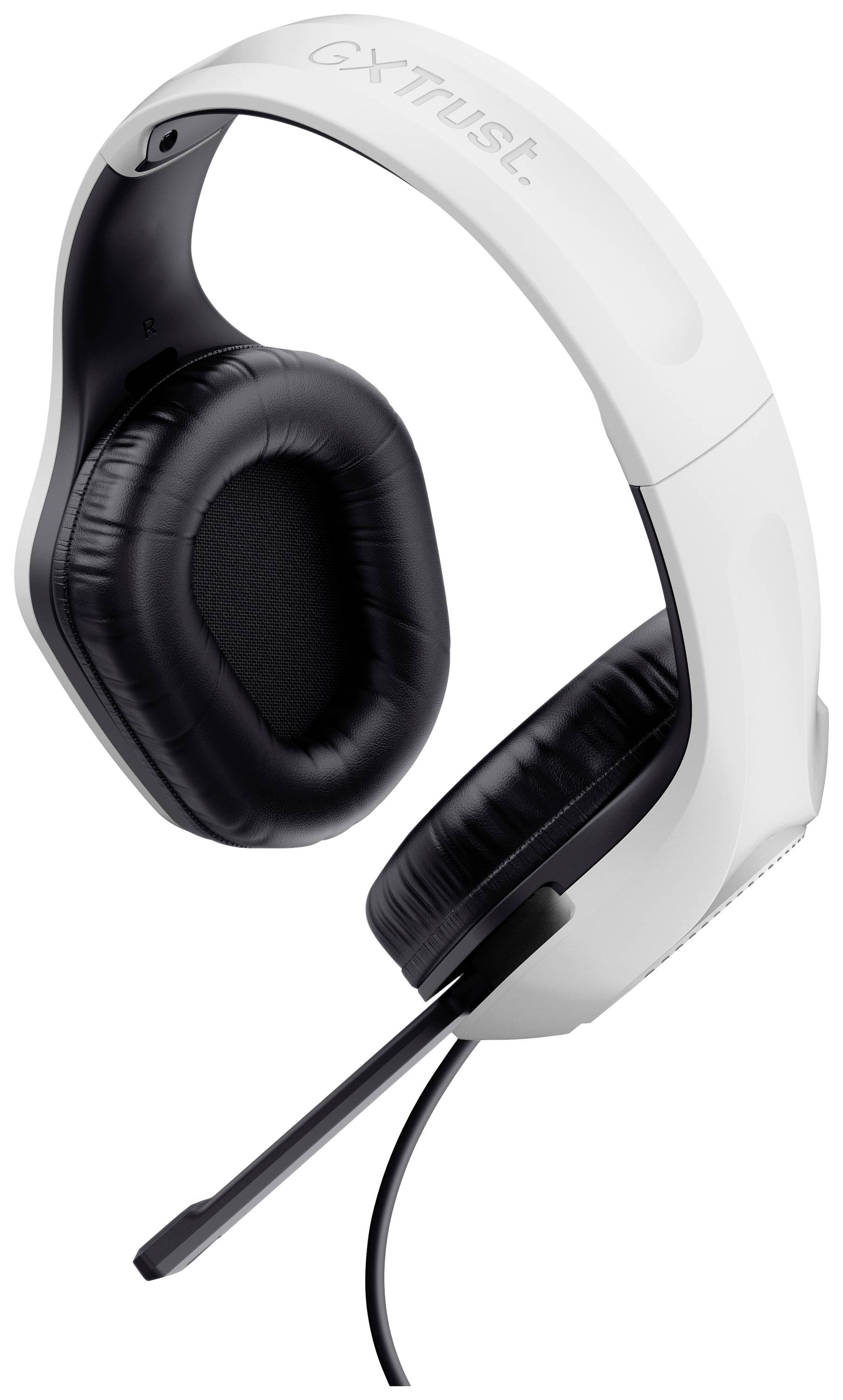 Cuffie bianche di dimensioni extra large con imbottitura nera e microfono integrato, ideali per gaming o telefonia.