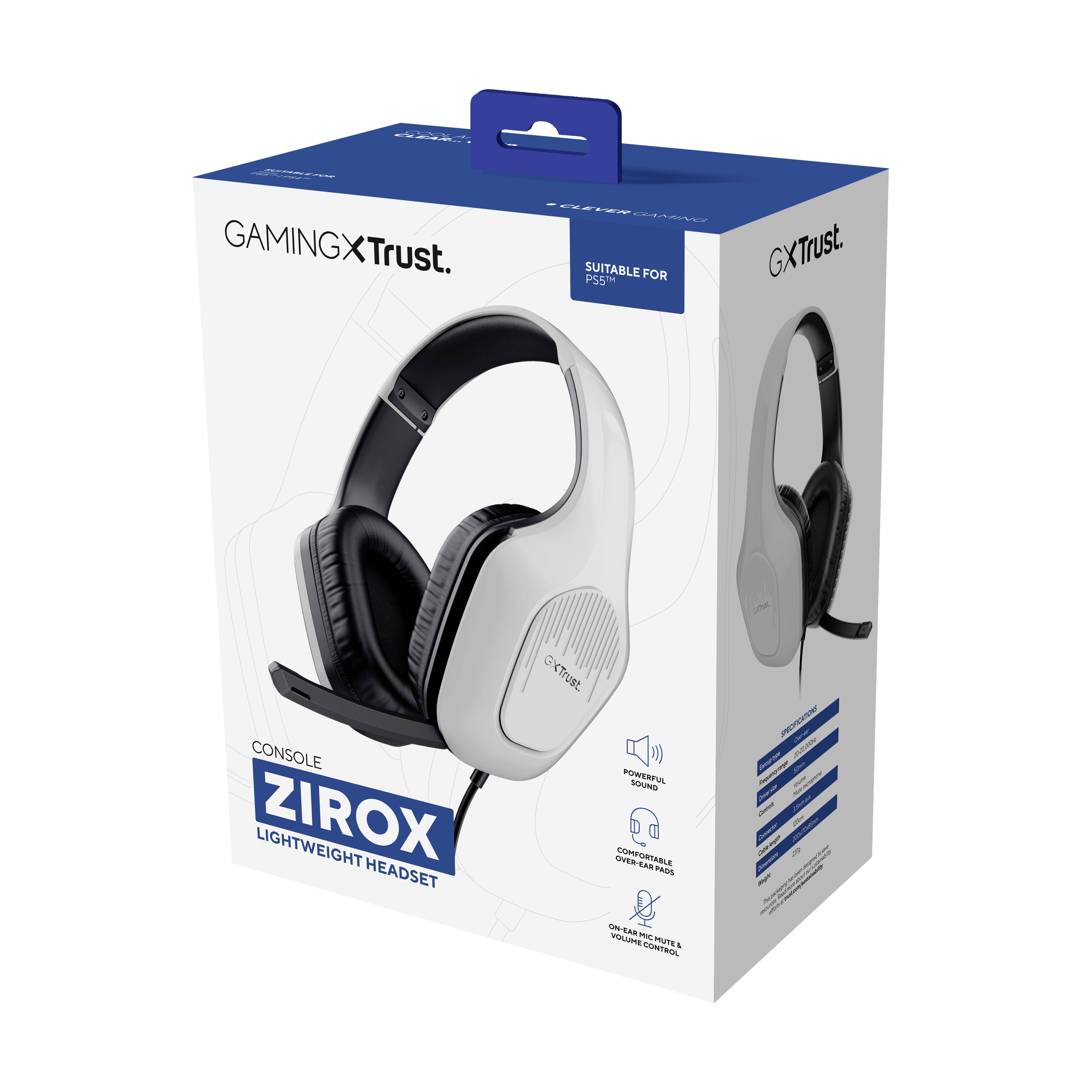 Confezione per Cuffie Gaming con scritta 'Zirox Lightweight Headset'. Compatibile con Playstation, include icone di microfono e altoparlanti.