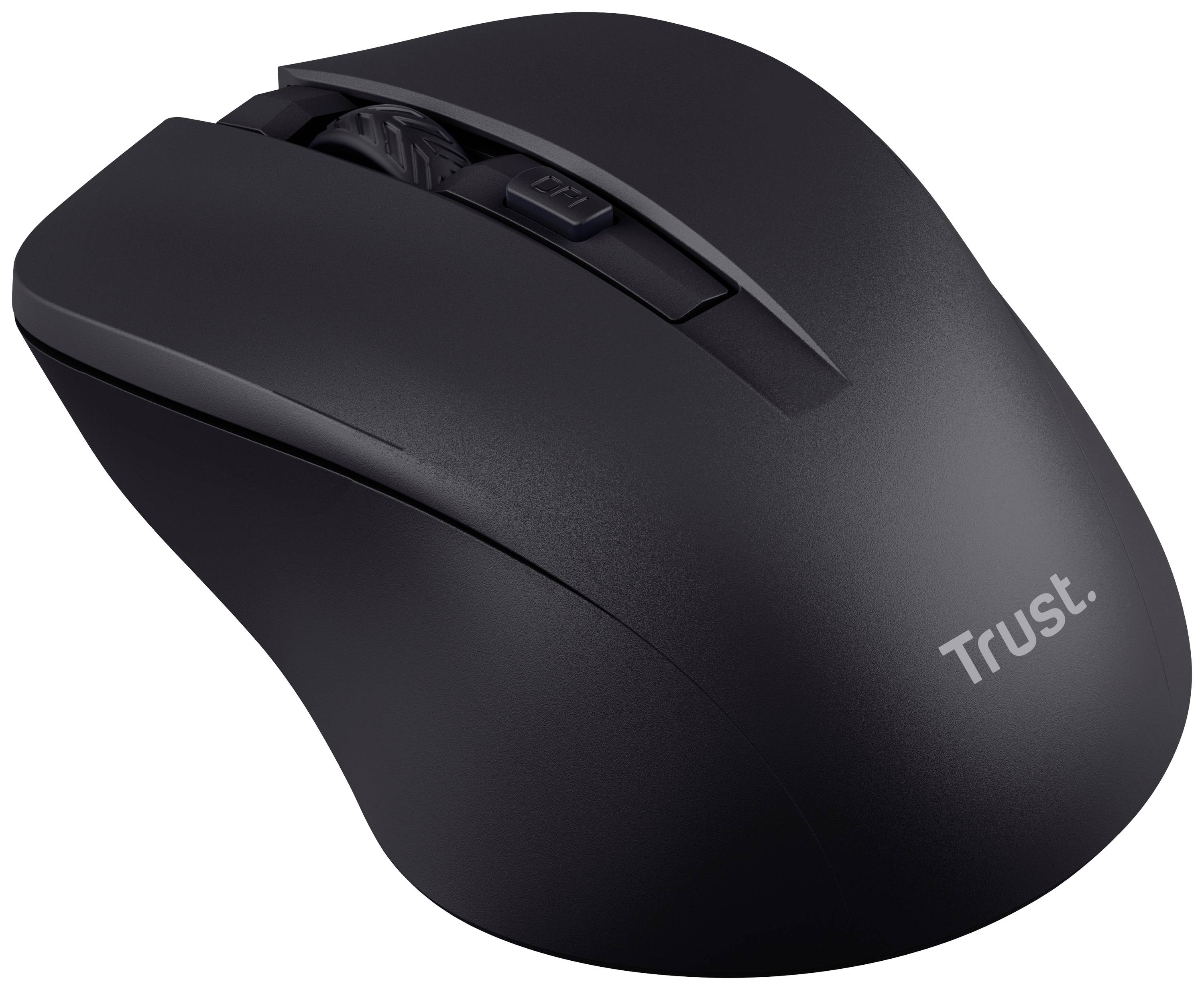 Mouse wireless nera con design ergonomico, rotella di scorrimento laterale e logo 'Trust'.