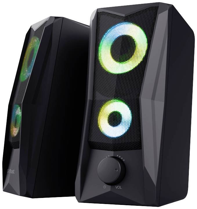Altoparlanti neri per computer con illuminazione LED, due dispositivi, entrambi con anelli luminosi in colori diversi, provvisti di controllo del volume.