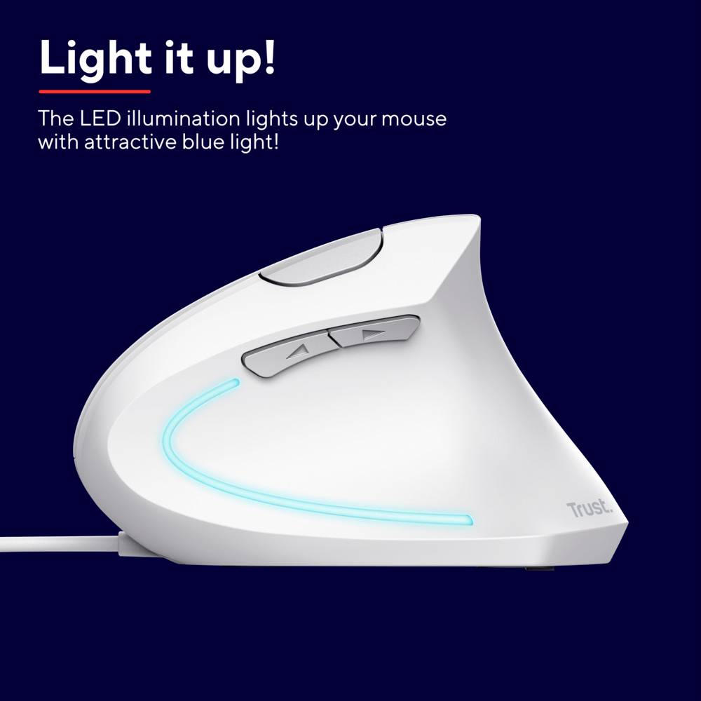 Mouse bianca con illuminazione LED blu. Testo: 'Illuminalo! L'illuminazione LED accende il tuo mouse con un'attraente luce blu.'