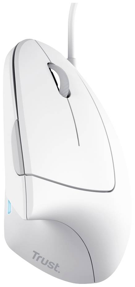 Mouse ergonomica bianca con cavo e supporto per il pollice, ideale per un lavoro confortevole alla scrivania.