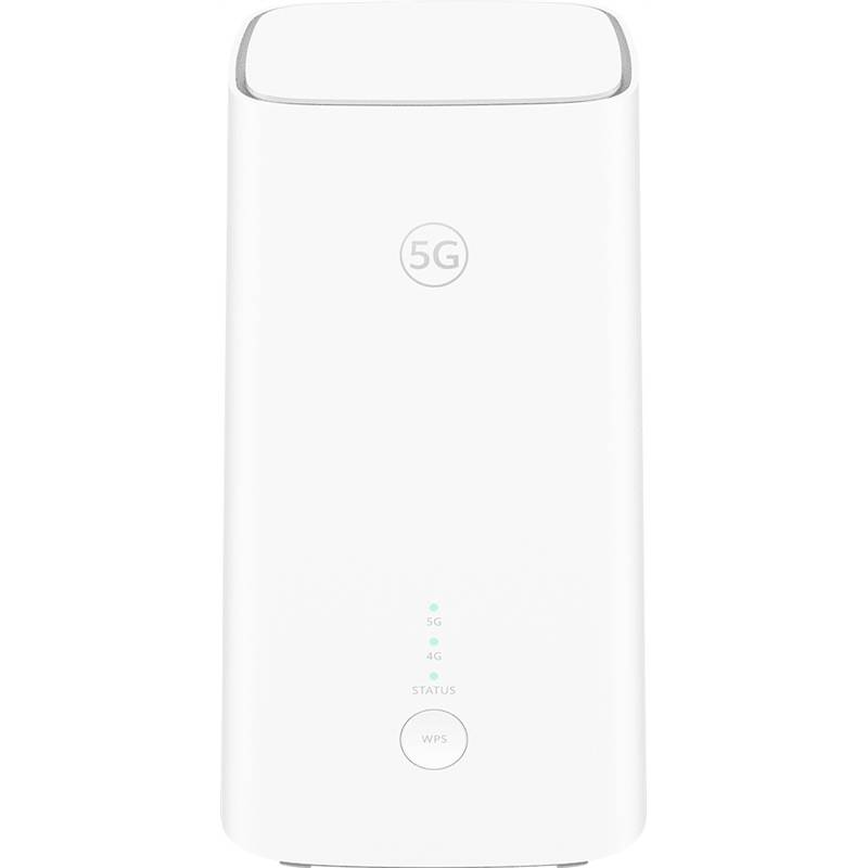 Un router bianco 5G con indicatori LED per 5G, 4G e stato, nonché un pulsante WPS. Adatto per reti wireless moderne.