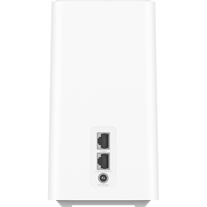 Un router bianco visto da dietro con due porte Ethernet e un tasto di accensione.