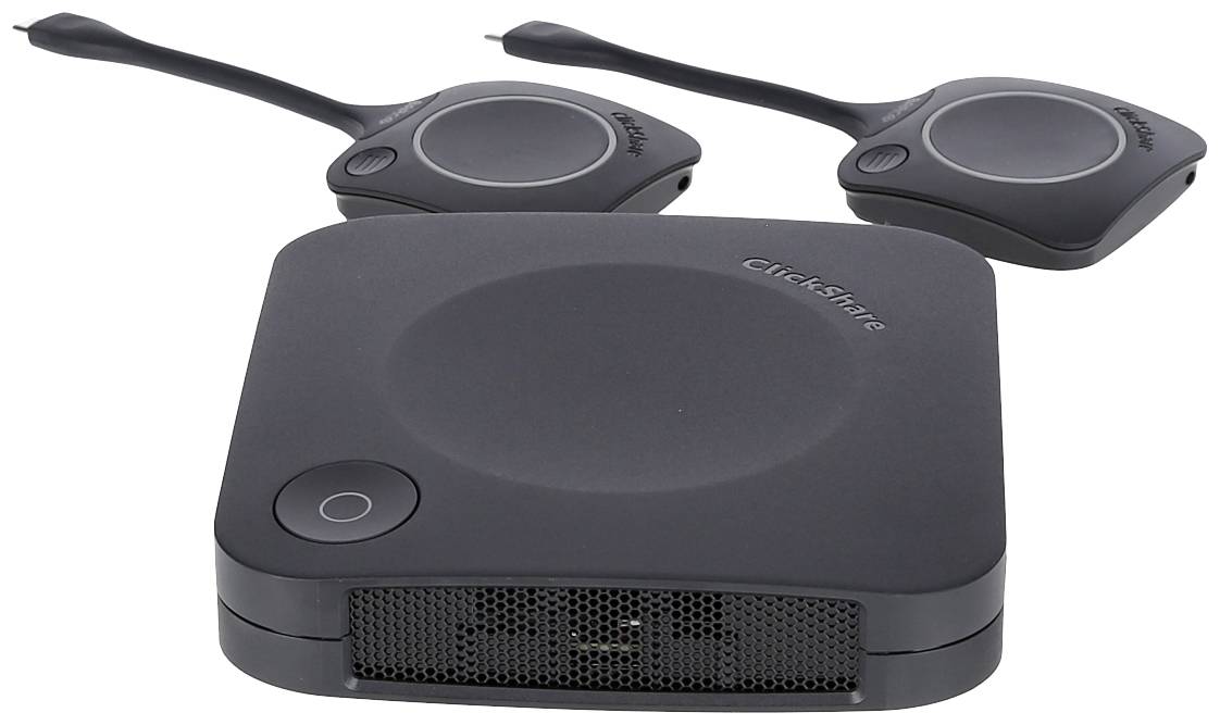 Un sistema di presentazione wireless con un dispositivo centrale e due moduli di trasmissione collegati per la condivisione dello schermo.