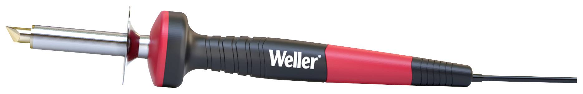 Saldatore con manico rosso e parte centrale nera, con il nome del marchio 'Weller' stampato su di esso. Cavo di collegamento all'estremità posteriore.