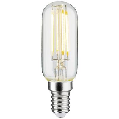 Una lampadina LED con attacco E14, accesa, mostra filamenti gialli luminosi in un vetro trasparente. Risparmio energetico e design moderno.
