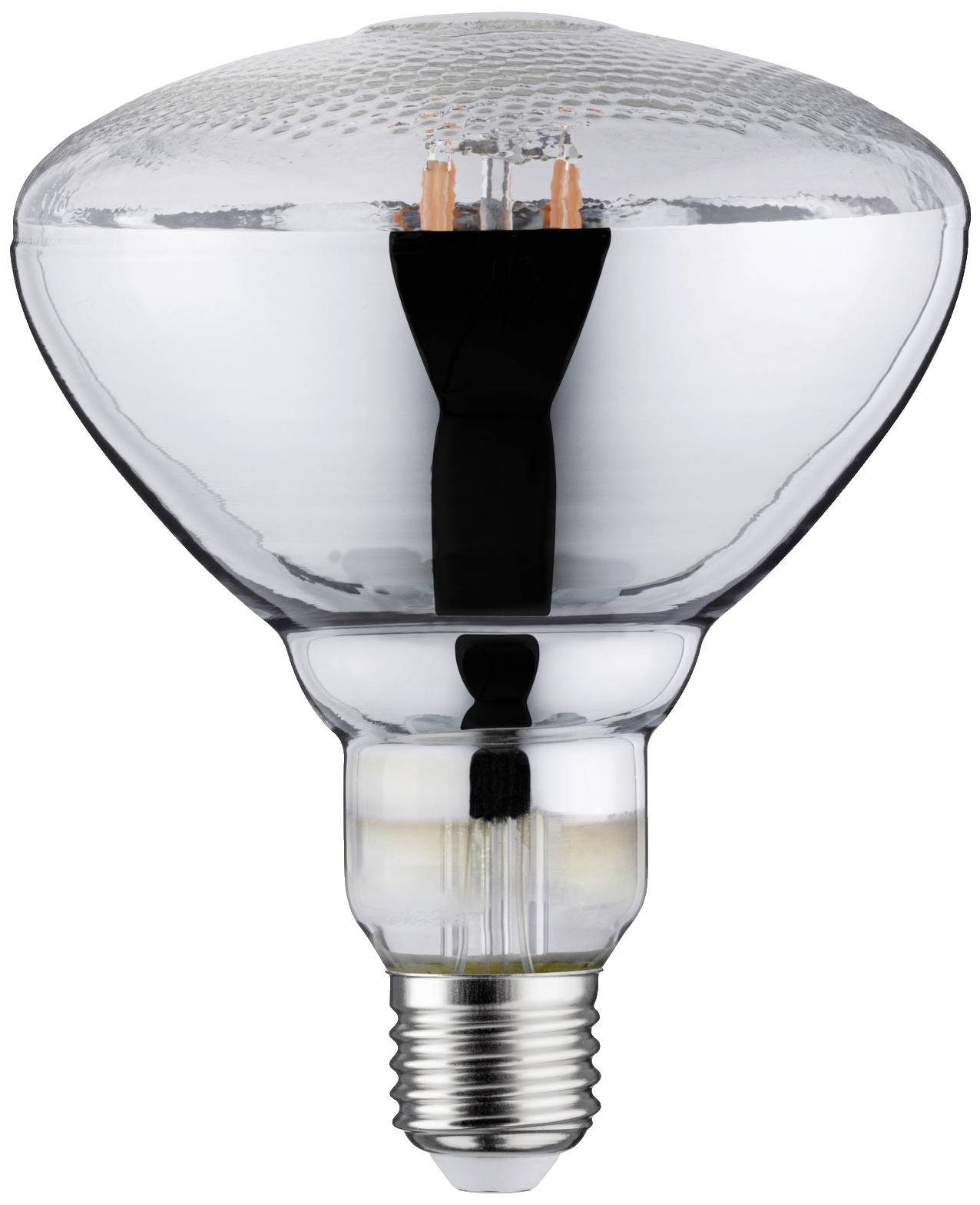Una lampadina con attacco E27, riflettore argentato e filamento a vista. Ideale per l'illuminazione di accento in ambienti domestici.