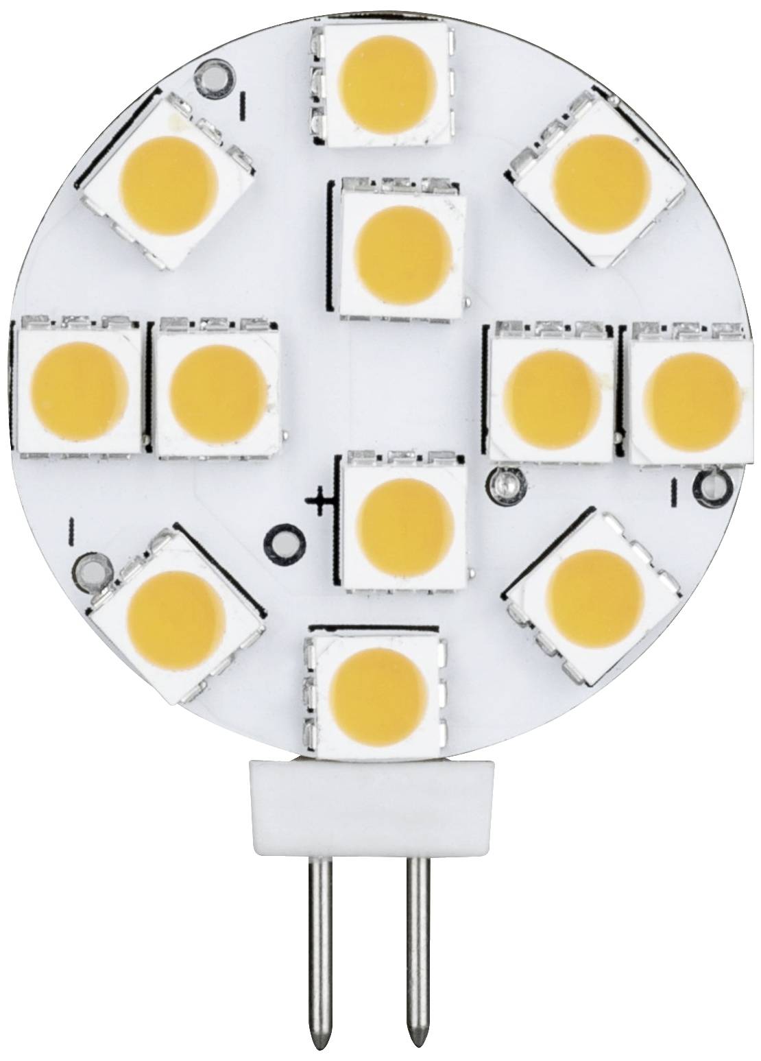 Lampada LED rotonda con 10 elementi luminosi gialli su sfondo bianco. Due perni metallici sporgono nella parte inferiore.