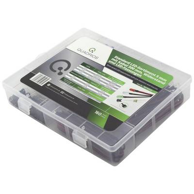 Una scatola trasparente contenente un set di 160 LED standard, compresi i relativi resistori, in diversi colori e dimensioni.
