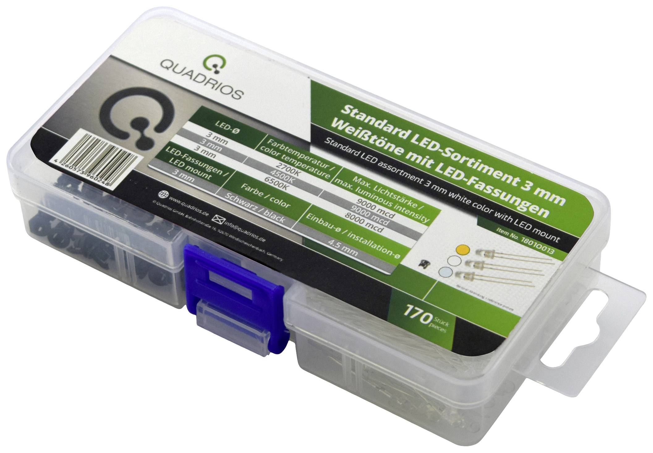 Scatola in plastica con etichetta 'Assortimento standard LED 3 mm Tonalità bianche con portaled', contiene 170 LED e relativi supporti.