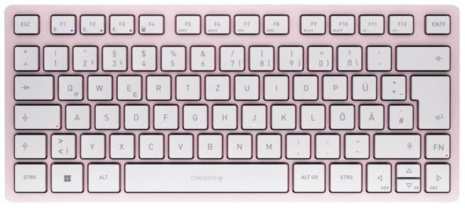 Tastiera meccanica rosa con layout QWERTZ, tasti freccia e fila di tasti funzione. Nome del marchio 'CHERRY' sul bordo inferiore.