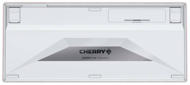 Retro bianca di una tastiera con la stampa 'CHERRY' e 'CHERRY KW 7100 MINI'.