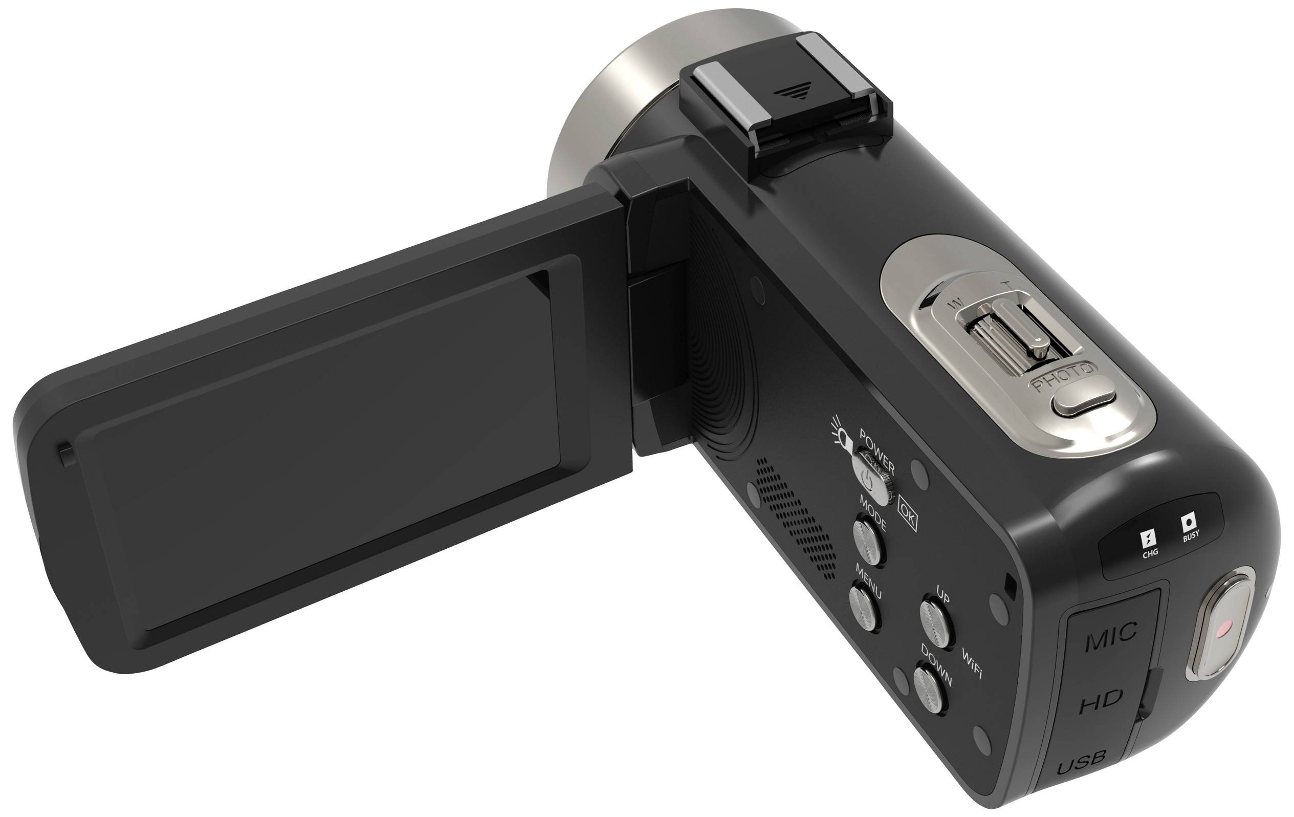 Videocamera nera con schermo pieghevole, diversi pulsanti di controllo e porte di connessione. Ottimizzata per ripresa e riproduzione.