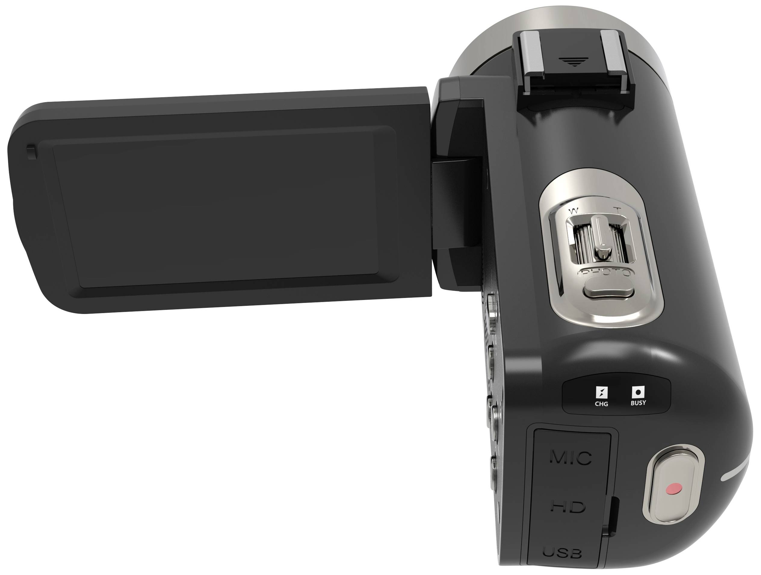 Videocamera nera con schermo LCD aperto e diversi comandi sul lato, inclusa porta USB.