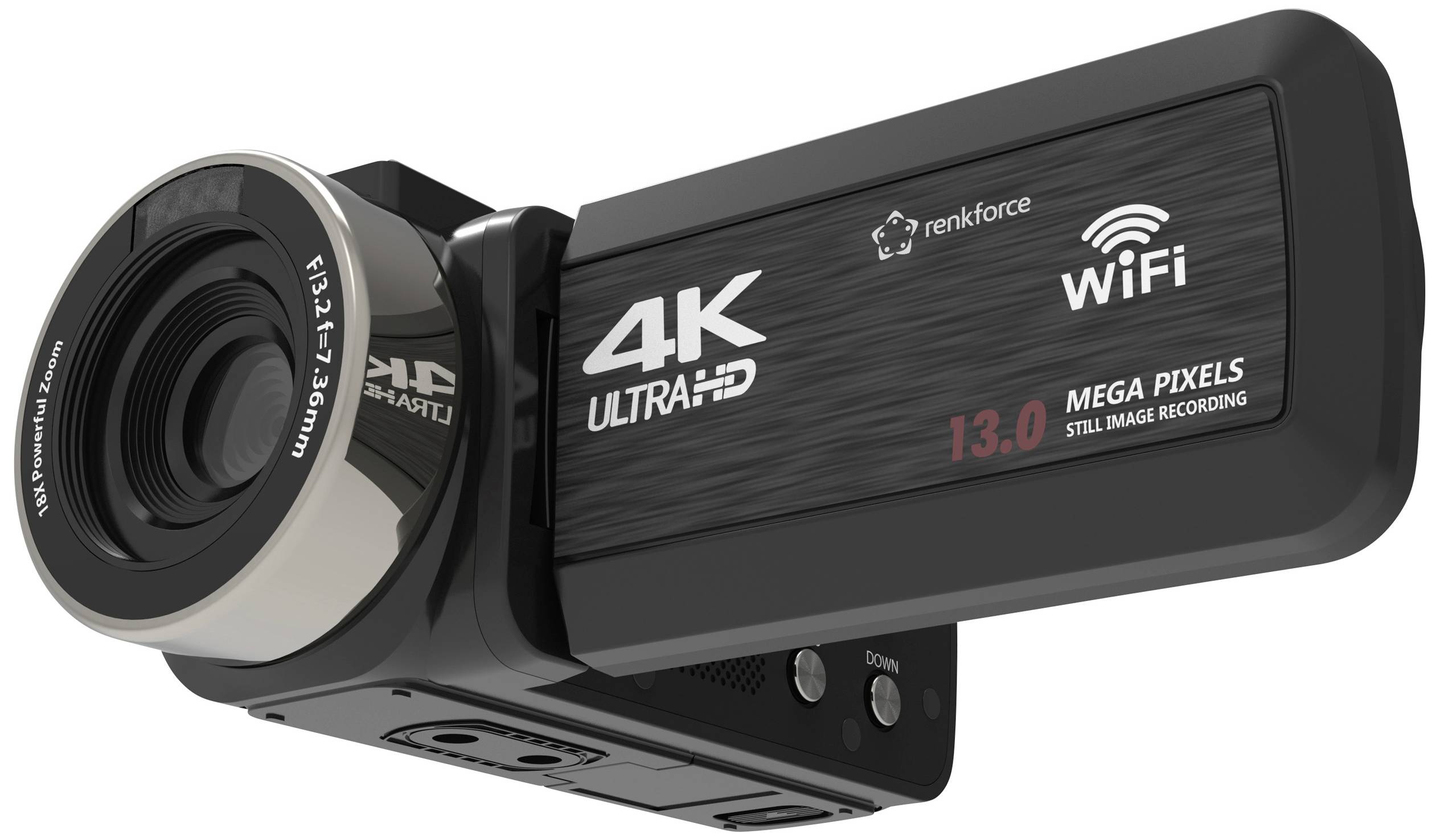Una videocamera nera 4K Ultra HD di Renkforce con 13,0 megapixel e funzione WiFi.