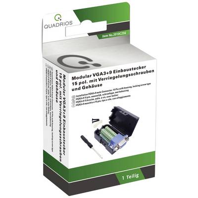 'Quadrios Connettore modulare VGA3+9 da incasso, 15 pin, con viti di bloccaggio e involucro. Codice articolo: 2010C256.' La confezione mostra il connettore e un cacciavite.