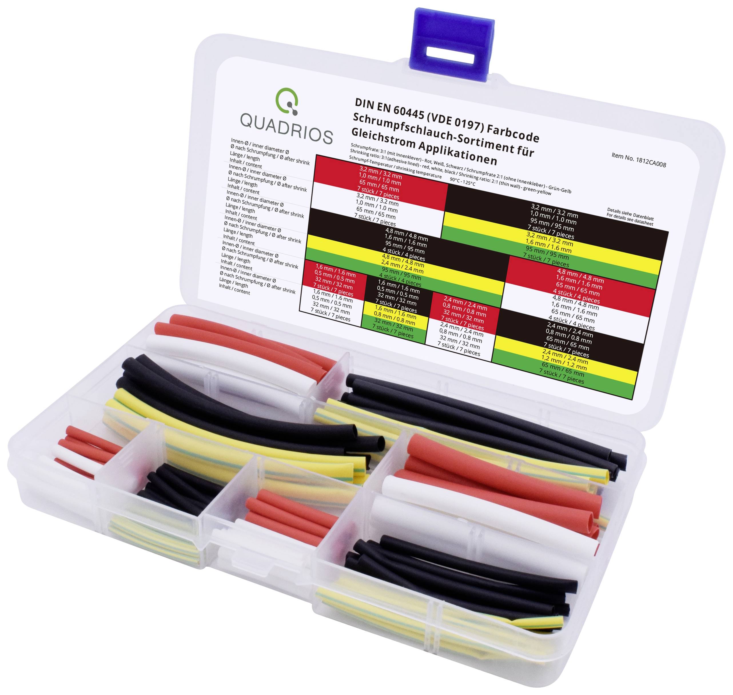 Una scatola aperta con diversi tubi termorestringenti colorati e una tabella di codifica dei colori per applicazioni in corrente continua sul coperchio.