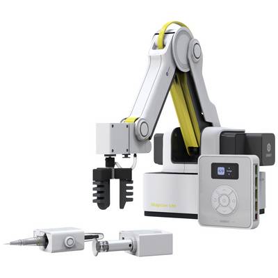 Un braccio robotico multifunzionale con pinza flessibile, unità di controllo elettronica e accessori, idoneo per lavori di precisione.