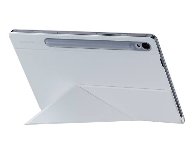 Tablet in una custodia bianca, visto da dietro. Sono visibili una fotocamera e un supporto.