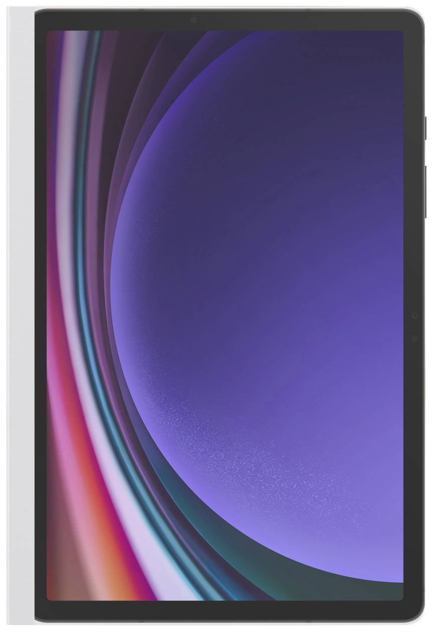Un tablet con cornice nera e un display che mostra linee curve colorate su uno sfondo viola.