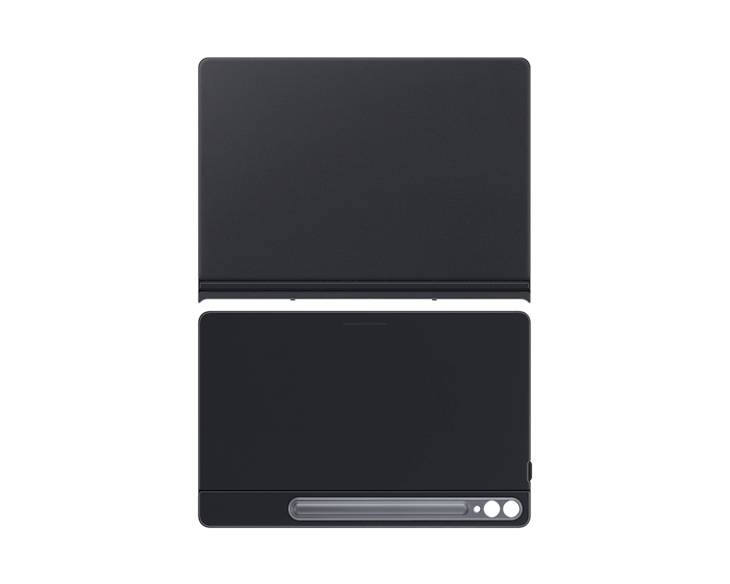 Tablet nero in custodia, vista posteriore e dall'alto con supporto per penna e spazio per la fotocamera visibile.