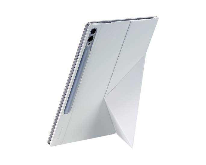 Un tablet in formato verticale con un supporto bianco, piegato che sembra ispirato all'origami, è posizionato su uno sfondo chiaro.