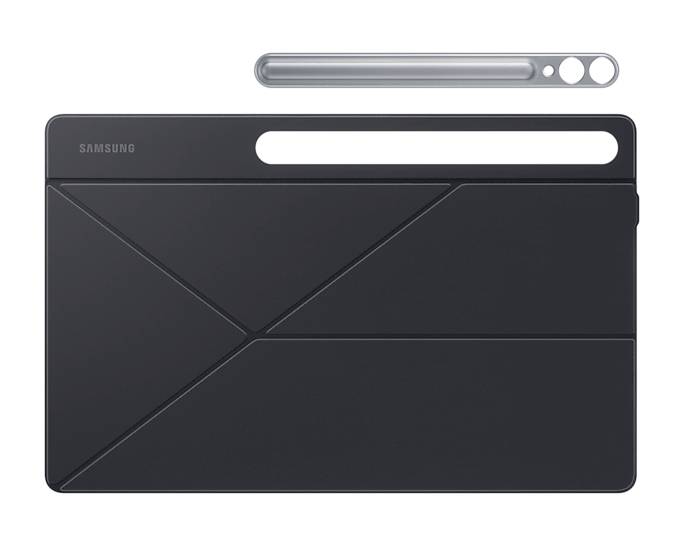 Un tablet nero, rettangolare, con un design geometrico sul retro. Sopra di esso è posizionata una penna grigia e stilosa.
