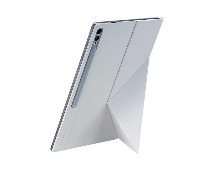 Un tablet moderno con una penna, posizionato con un supporto simile a un origami, si presenta con un design elegante e minimalista.